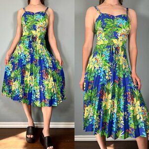Vintage 70s Hawaiian Dress, 1970s Blue Green Floral Summer Tropical Dress